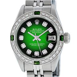 Rolex Ladies Stainless Steel 26MM Green Vignette Diamond Datejust Wriswatch