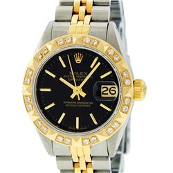 Rolex Ladies 2 Tone 14K Black Index & Pyramid Diamond Datejust Wriswatch