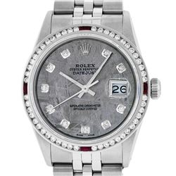 Rolex Mens SS Meteorite Diamond & Ruby Channel Set Diamond Datejust Wristwatch