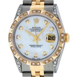 Rolex Mens 2 Tone 14K Lugs MOP Diamond Pyramid Diamond 36MM Datejust