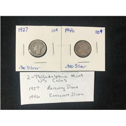 PHILADELPHIA MINT U.S.A  SILVER COINS LOT (1927 MERCURY DIME/ 1946 ROOSEVELT DIME)