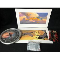 STAR WARS LITHOGRAPH/ BALL POINT PENS W/ TOM RAIDER CLOCK