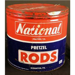 Rod's National Pretzel Co. Tin Container 12" Diam
