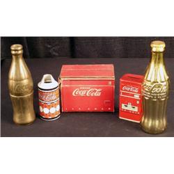 2 Gold 100th Anniversary Coca-Cola bottles & A ca
