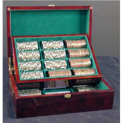 Inlaid Teekwood and Brass Chip Box w/500 casino c
