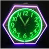 Image 1 : Neon clock 6 sided  has green and lavendar neon
