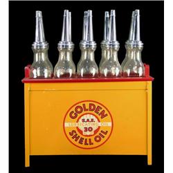 "Shell Oil" Bottle Rack w/ 10 Old Original Oil Bo