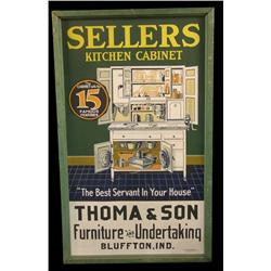Sellers Kitchen Cabinet Tin Framed Sign   28" x 4