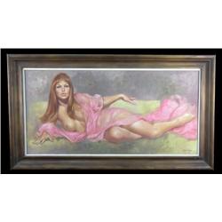 Redhead in Pink, Original Oil On Canvas by Leo Ja