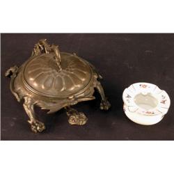2 Spittoons Brass Mechanical Turtle & Ladies Hand