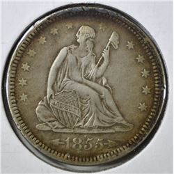 1855 WITH ARROWS SEATED QUARTER, XF