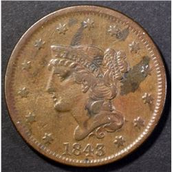 1843 LARGE CENT, XF