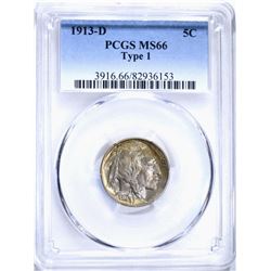 1913-D T-1 BUFFALO NICKEL, PCGS MS-66 SUPER