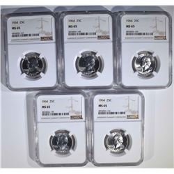 ( 5 ) 1964 WASHINGTON QTR NGC MS65