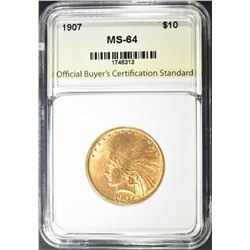 1907 $10.00 INDIAN GOLD, OBBCS CH/GEM BU