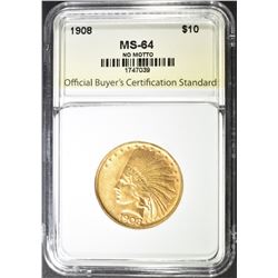 1908 NO MOTTO $10.00 GOLD INDIAN, OBCS CH/GEM BU