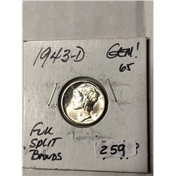 1943 D Full Split Bands Mercury Silver Dime GEM 65 High Grade