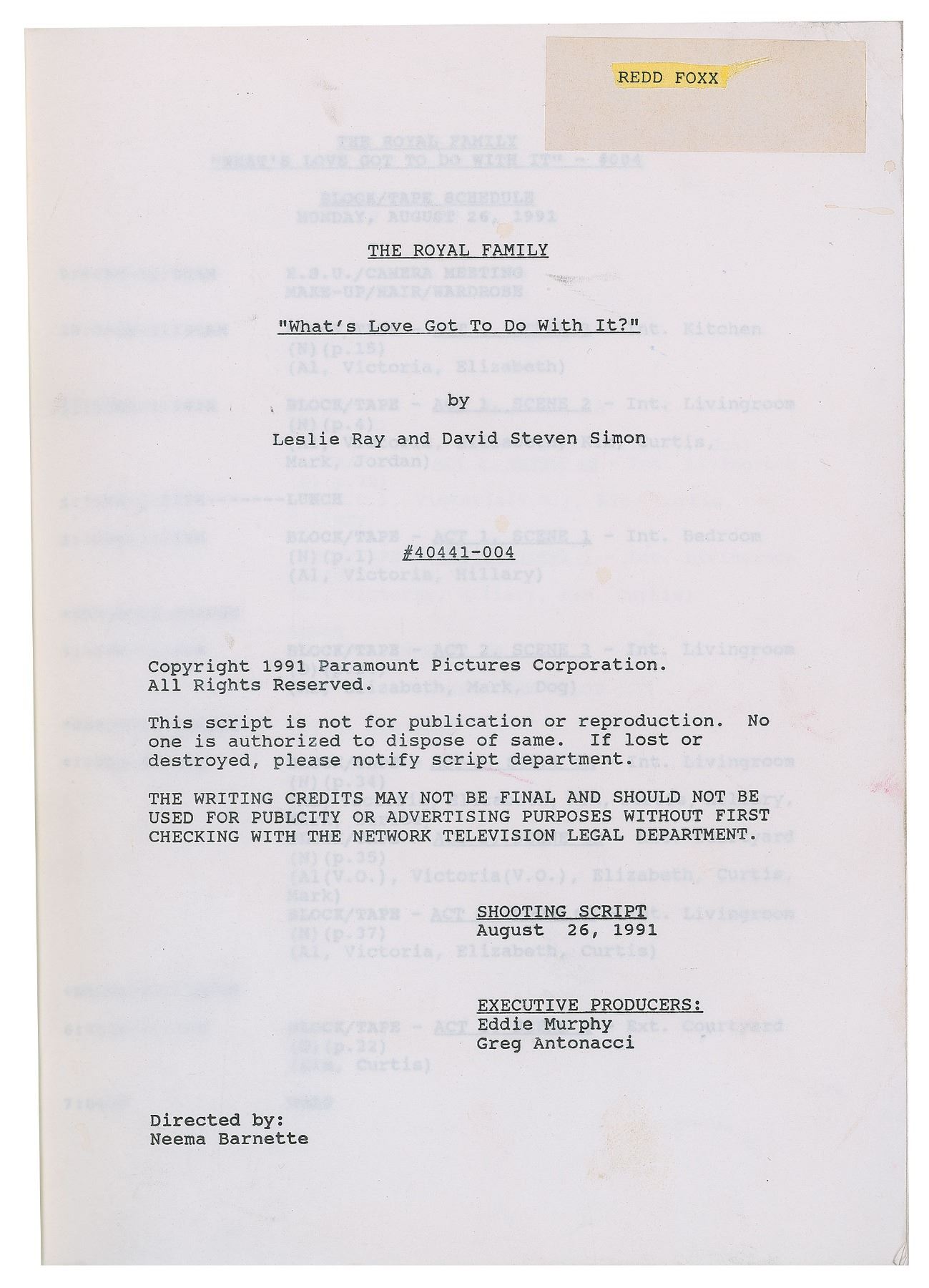 Redd Foxx's Script for The Royal Family