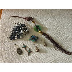 BAG OF ASSORTED - BEADED, ORIENTAL JADE, MEDAL, EARRINGS & MORE