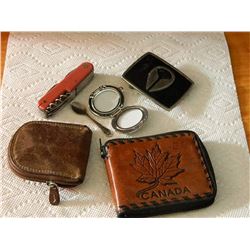 BAG OF ASSORTED - INCLUDES BELT BUCKLE & LEATHER CHAIN PURSE & MORE