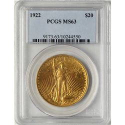 1922 $20 St. Gaudens Double Eagle Gold Coin PCGS MS63
