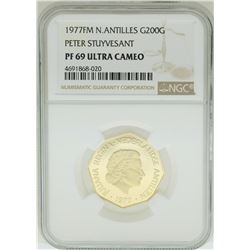1977FM Netherlands Antilles 200 Gulden Stuyvesnt Gold Coin NGC PF69 Ultra Cameo