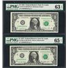 MATCHING LOW SERIAL NUMBERS 1977 & 1981 $1 Federal Reserve Notes PMG Unc. 63/65E
