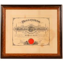 Paterson, NJ Fireman Certificate  (91537)