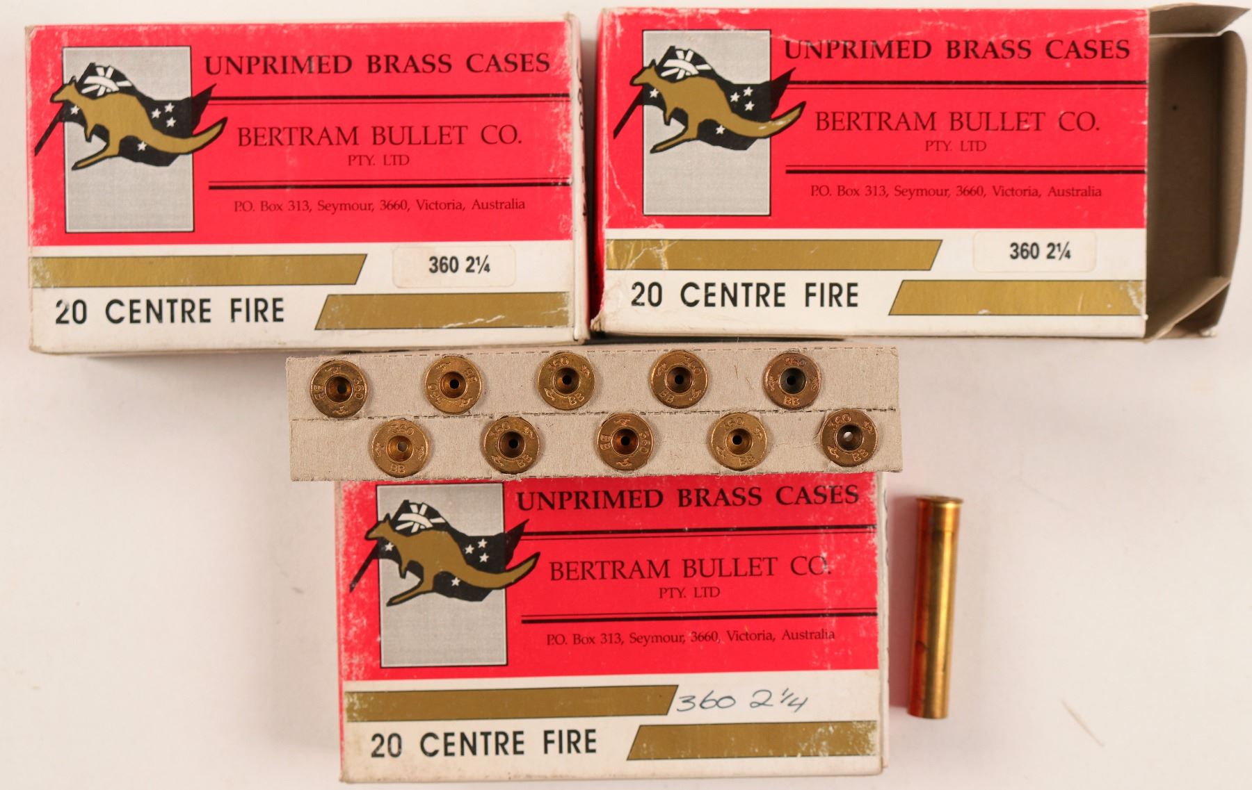 Three boxes of Bertram Brass .360 Rook rifle ammo. (91461) - Holabird ...