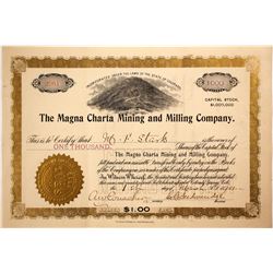 Magna Charta Mining & Milling Co. Stock Certificate, Cripple Creek, CO, 1901  (60913)