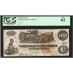 1862 $100 Confederate States of America Note T-39 PCGS New 62