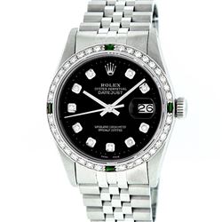 Rolex Mens Stainless Steel Slate Black Diamond & Emerald Datejust Wristwatch