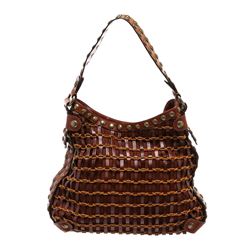 Kooba Brown Leather Rope Woven Studded Hobo Shoulder Bag