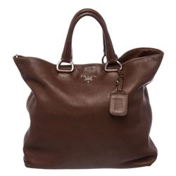 Prada Brown Pebbled Leather Tote Satchel Bag