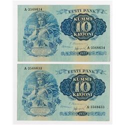 Eesti Pank, 1937 Sequential Banknote Pair.