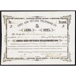 Ames and Nevada Telephone Co., 1881 Stock Certificate.