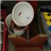 Image 2 : ENAMELED POT, SPRAYERS, APOTHERARY JAR, AND STOOL