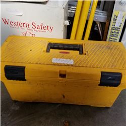 YELLOW RUBBERMAID TWO TRAY TOOLBOX WITH TAPE CONTENTS