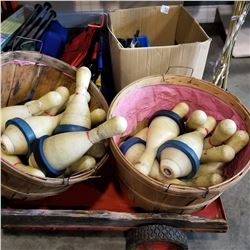 2 WOOD BASKETS OF BOWLING PINS