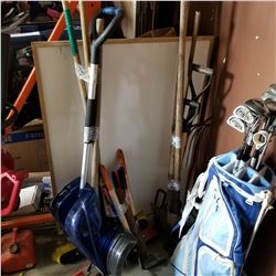 2 BUNDLES OF GARDEN TOOLS, BROOMS, SHOVELS, AND PRUNERS