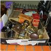 Image 1 : BOX OF GLASS AND BRASS DOOR KNOBS AND VINTAGE TOOLS