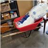 Image 1 : RED PLASTIC WHEELBARREL, BOTTOM CRACKED, AND BUNDLE OF INSULATION
