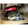 Image 1 : RED ANTIQUE SELTZER BOTTLE MADE IN ENGLAND AND BOX OF COLLECTIBLES