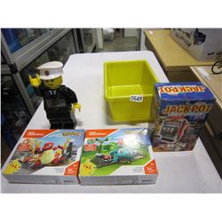 POKEMON LEGO FIGURES, SMALL SLOT MACHINE, AND LEGO CLOCK