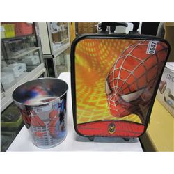 SPIDERMAN SUITCASE, WASTE BIN, AND TOYS