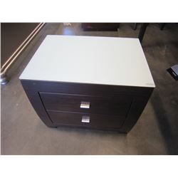 ASHLEY FLOOR MODEL 2 DRAWER NIGHTSTAND WITH GLASS TOP, RETAIL $219