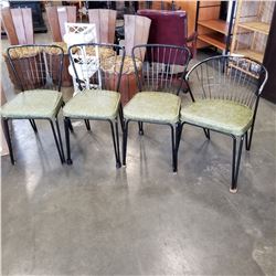 4 MID CENTURY METAL CHAIRS W/ GREEN CUSHIONS