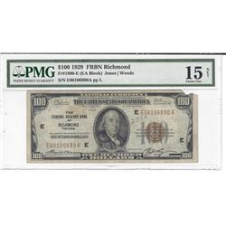 1929 $100 Federal Reserve Bank Note Richmond PMG Choice Fine 15 Net