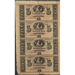 Uncut Sheet of 1800's $5 Citizens Bank of Louisiana Obsolete Notes