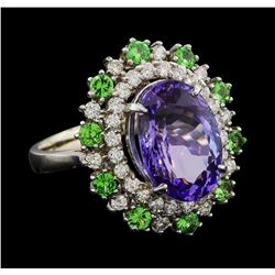 6.20 ctw Tanzanite, Tsavorite and Diamond Ring - 14KT White Gold